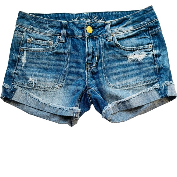 American Eagle Outfitters Pants - American EAGLE Blue Acid Wash Distressed Denim Cuff Hem Jean Shorts Size 4